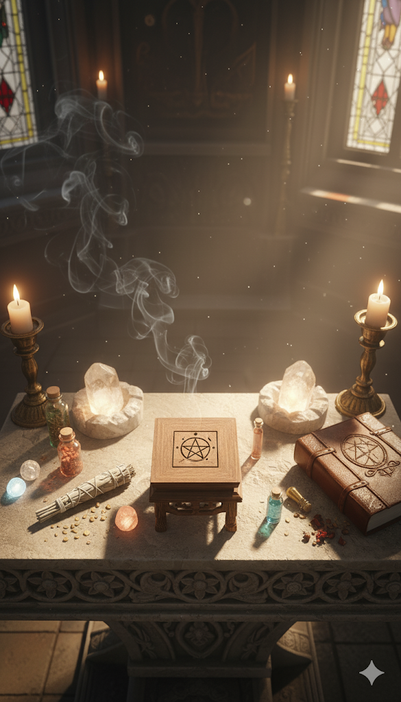 Pentagram & Triple Moon Wooden Crystal Altar - Charging Altar & Spiritual Display Stand