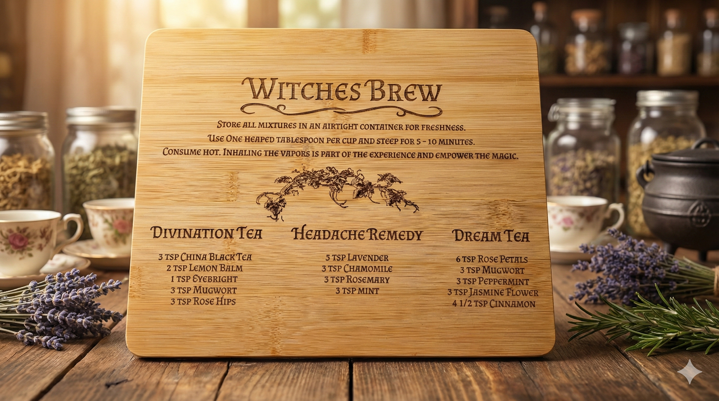 Witches Brew Engraved Bamboo Board | Herbal Tea Recipe Chart & Kitchen Decor