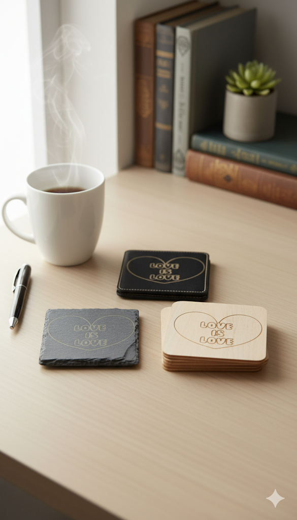 Celebrate Love with Our "Love is Love" Engraved Coaster - Available in Slate, Beech Wood & Leather