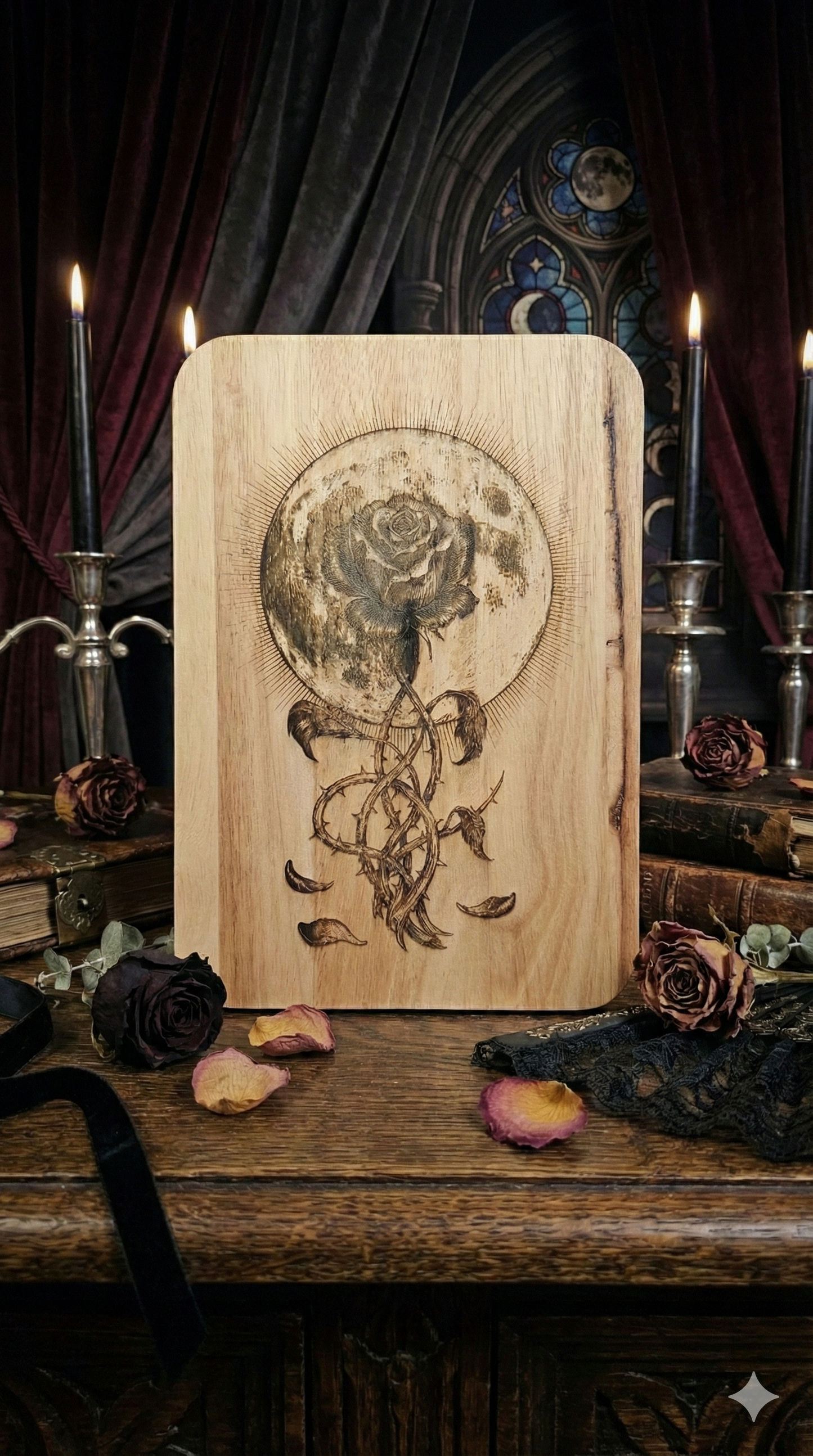 The Moon Rose | Gothic Celestial Wood Engraving