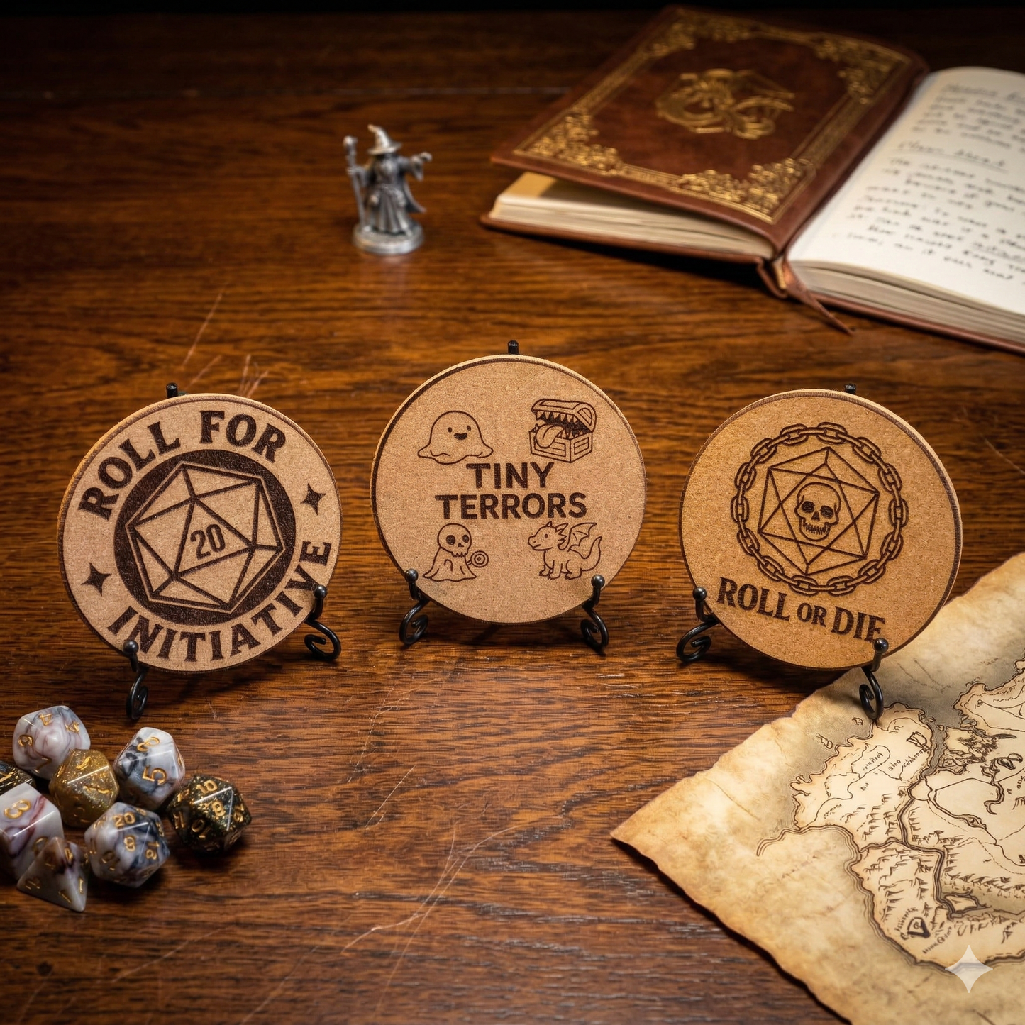 Laser-Engraved TTRPG Cork Coasters