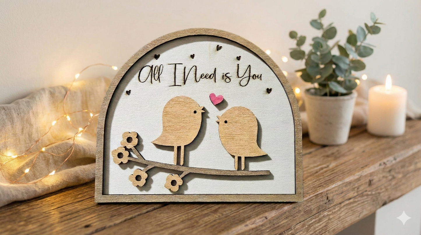 Handcrafted Wood Love Birds Arch Plaque - Romantic Tabletop Decor