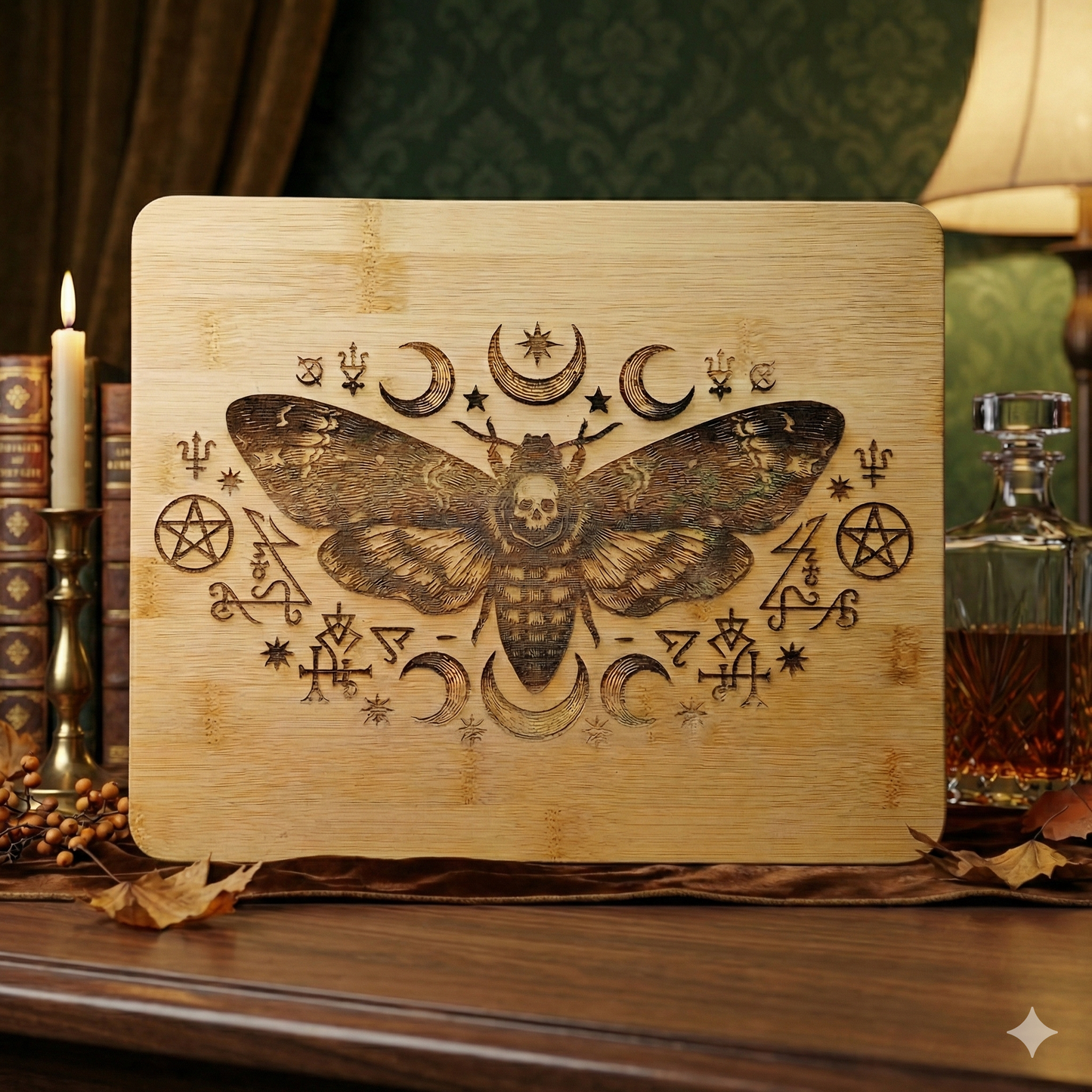 Death’s Head Moth & Moon Phases Bamboo Board | Altar & Kitchen Tool