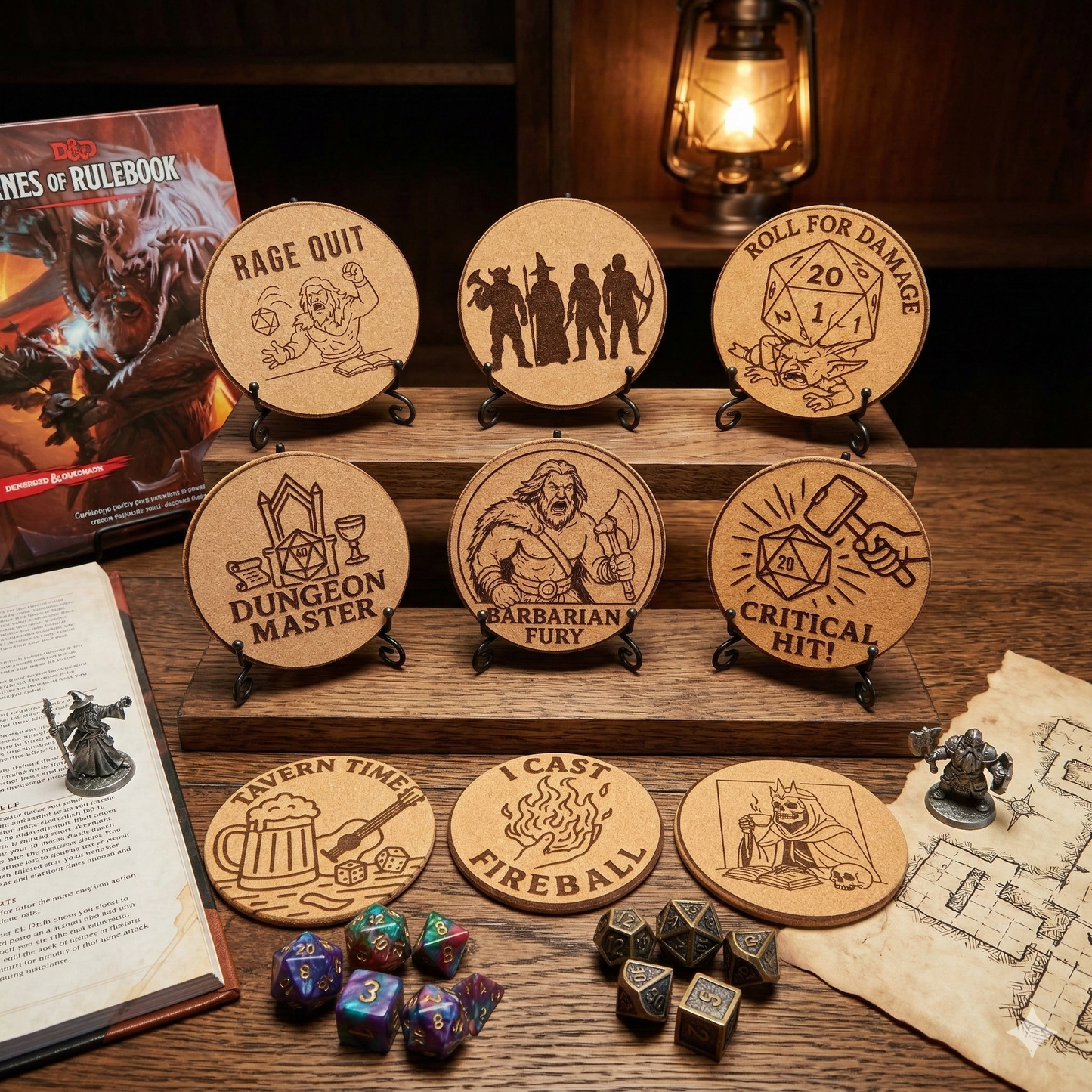 Laser-Engraved TTRPG Cork Coasters