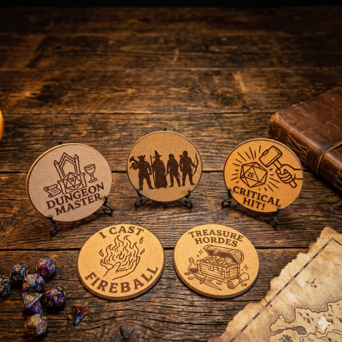 Laser-Engraved TTRPG Cork Coasters