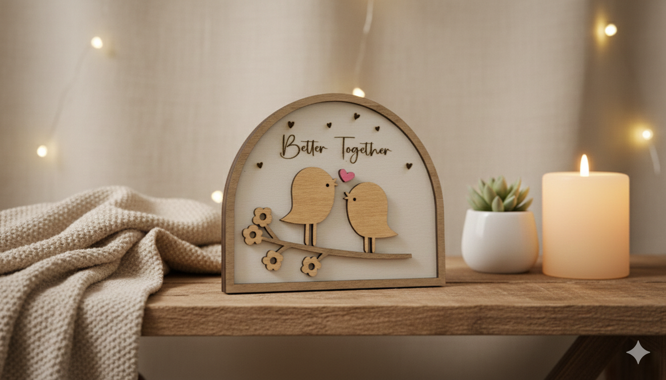 Handcrafted Wood Love Birds Arch Plaque - Romantic Tabletop Decor