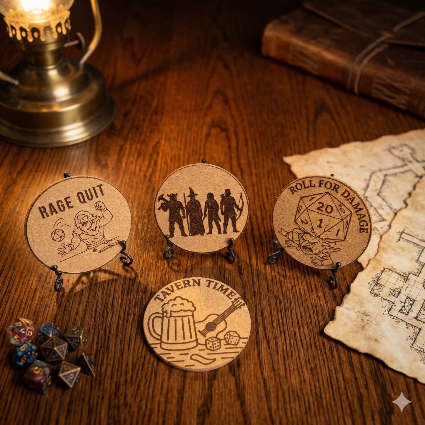 Laser-Engraved TTRPG Cork Coasters