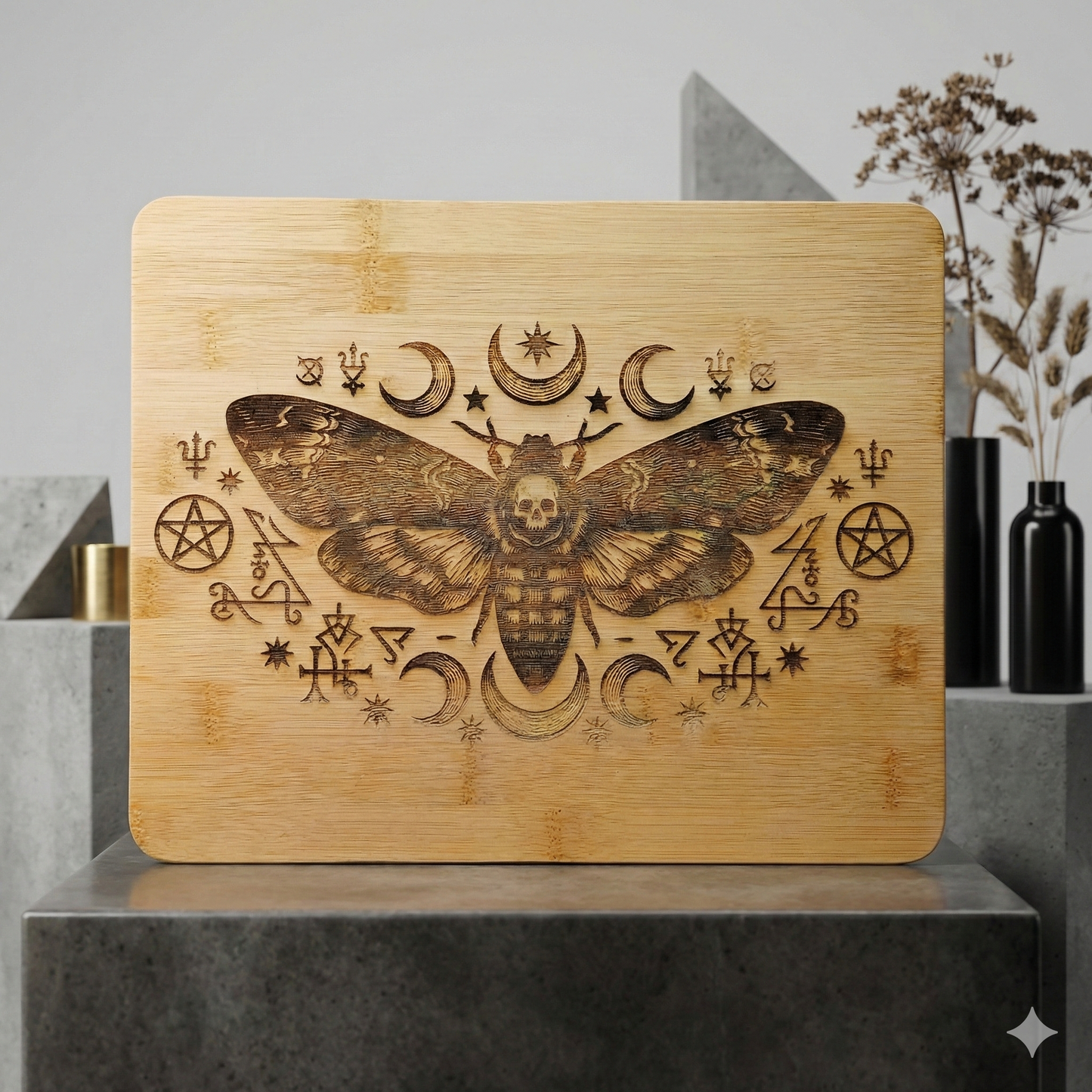Death’s Head Moth & Moon Phases Bamboo Board | Altar & Kitchen Tool