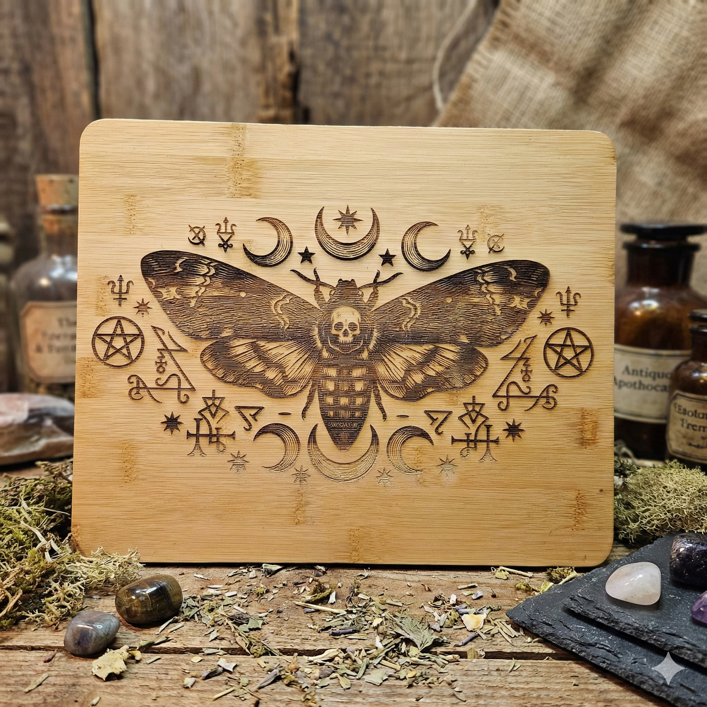 Death’s Head Moth & Moon Phases Bamboo Board | Altar & Kitchen Tool