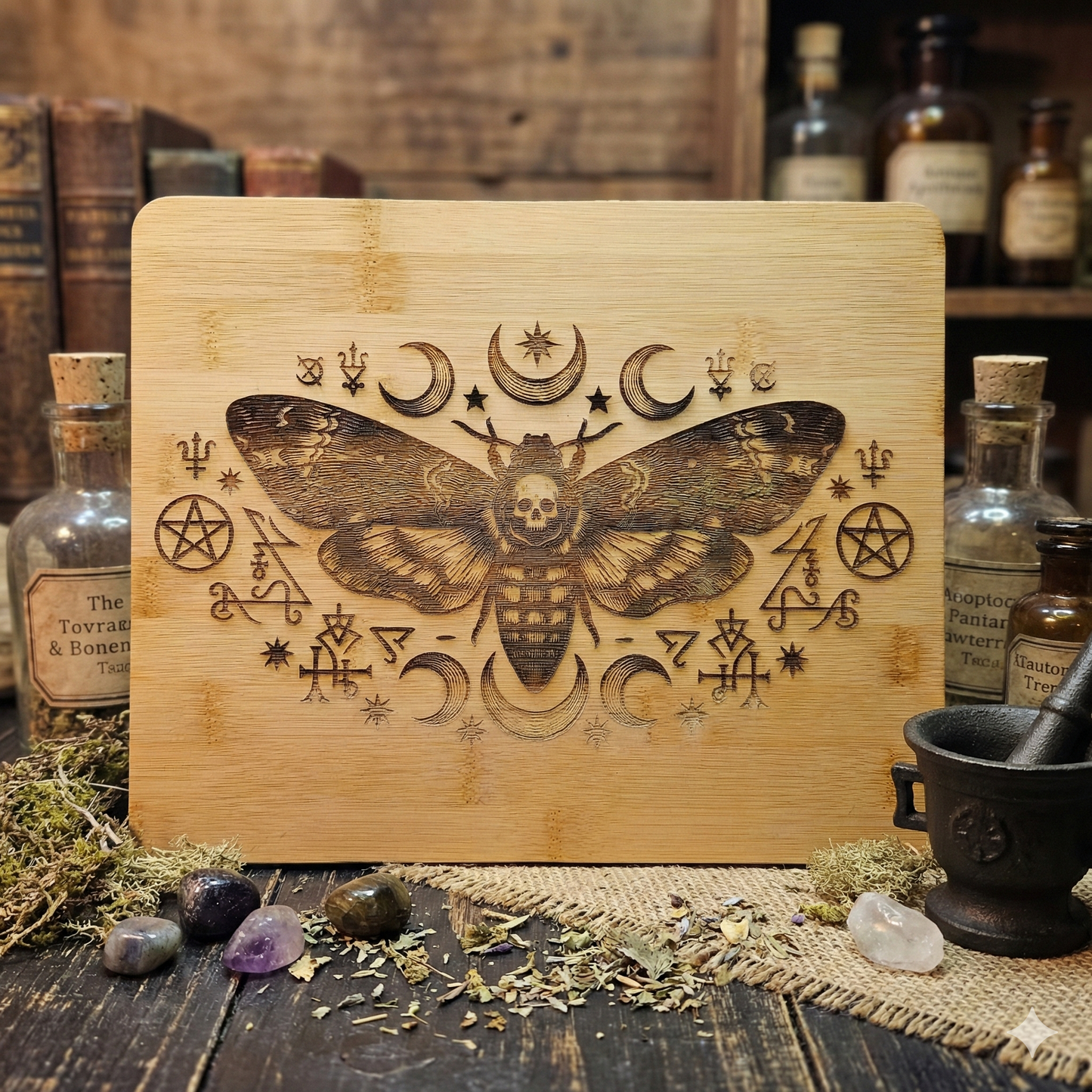 Death’s Head Moth & Moon Phases Bamboo Board | Altar & Kitchen Tool