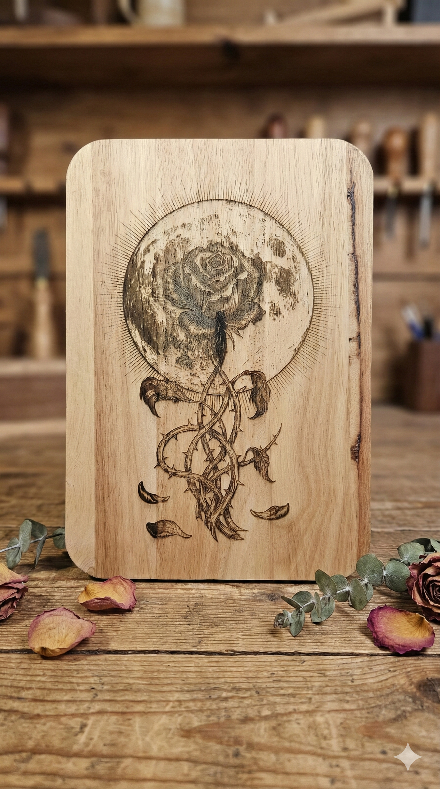 The Moon Rose | Gothic Celestial Wood Engraving
