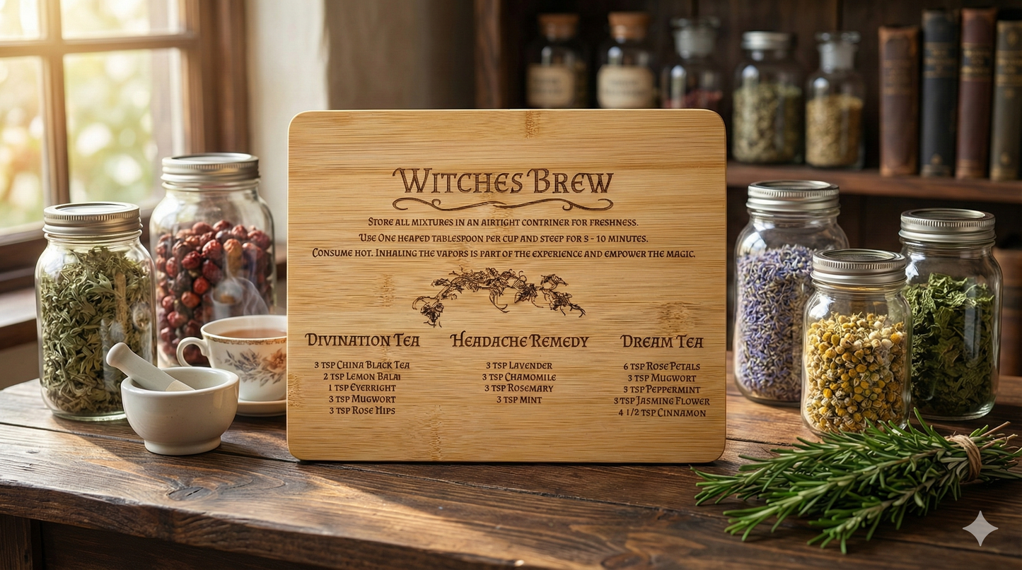 Witches Brew Engraved Bamboo Board | Herbal Tea Recipe Chart & Kitchen Decor