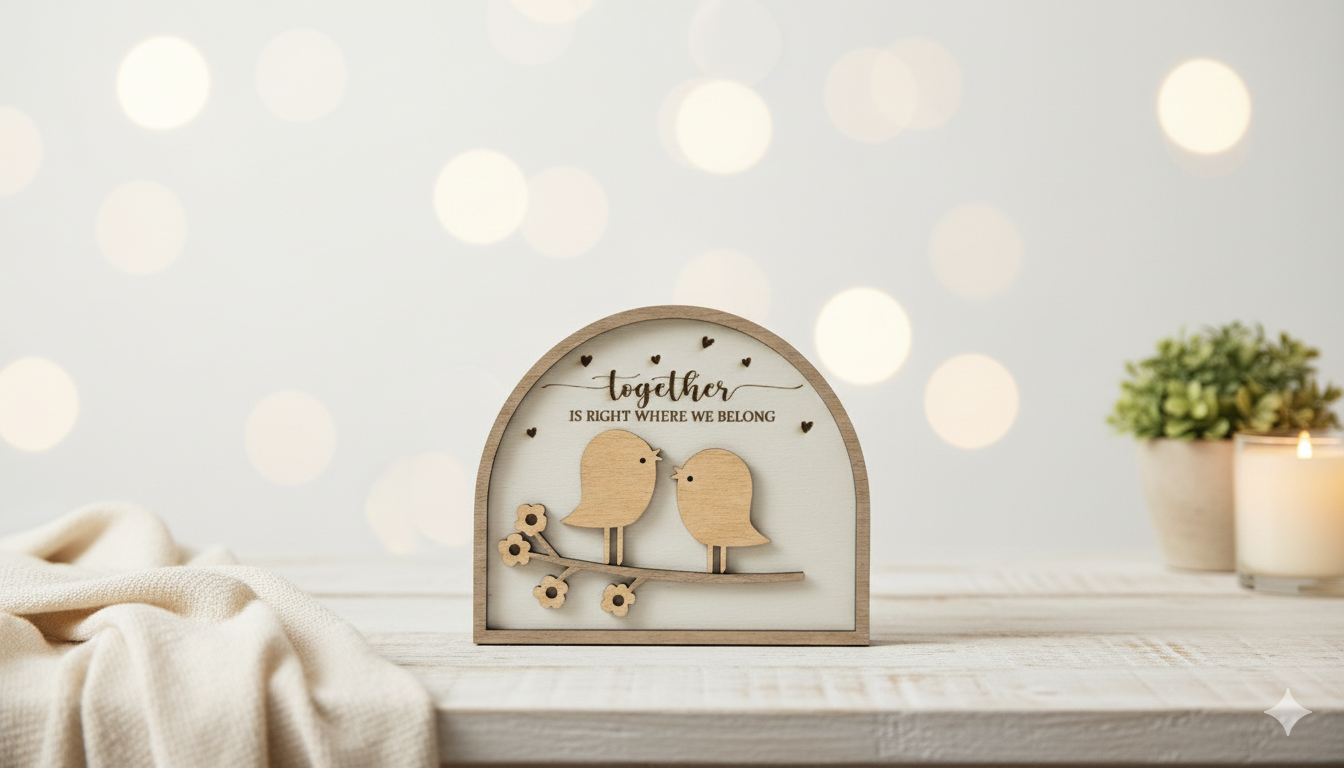 Handcrafted Wood Love Birds Arch Plaque - Romantic Tabletop Decor