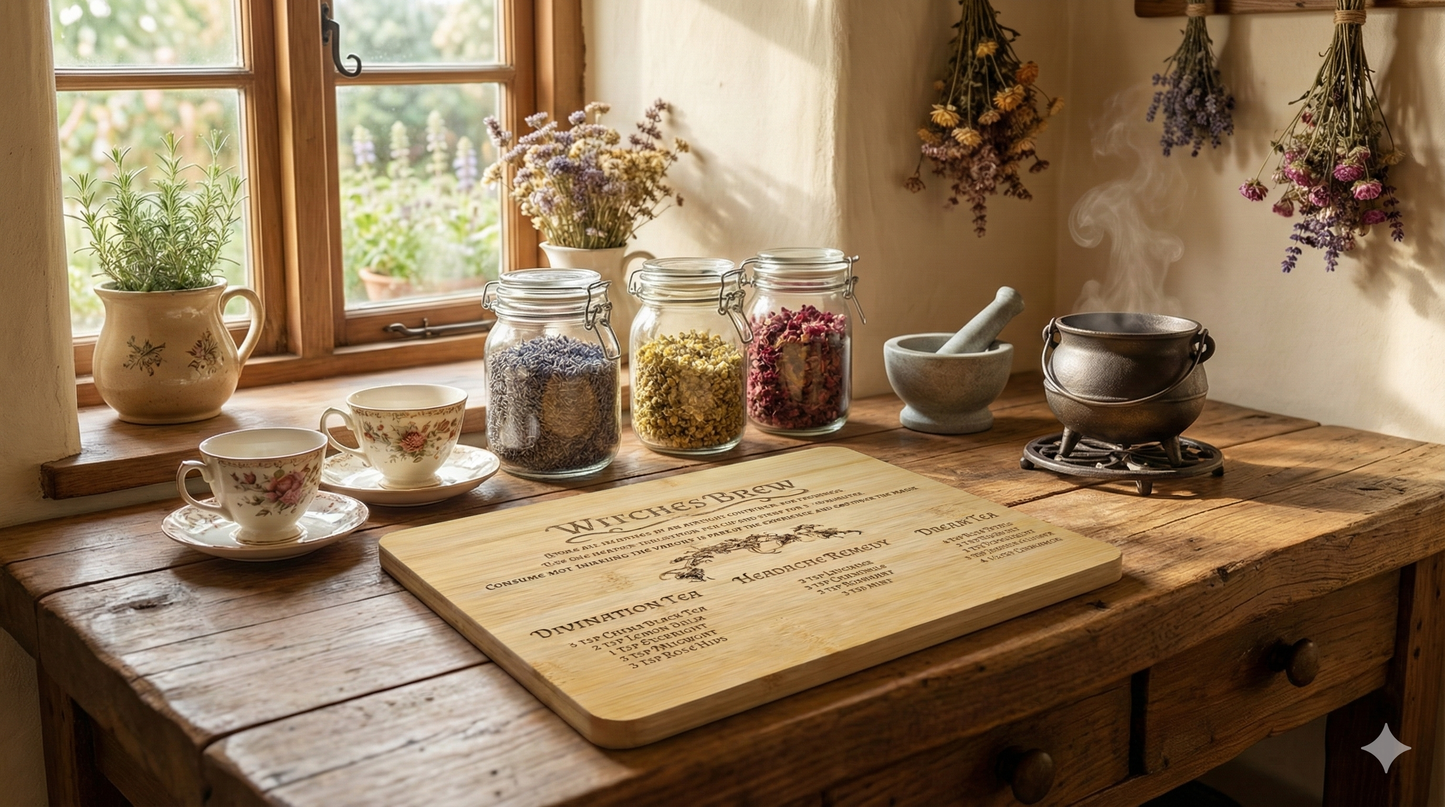 Witches Brew Engraved Bamboo Board | Herbal Tea Recipe Chart & Kitchen Decor