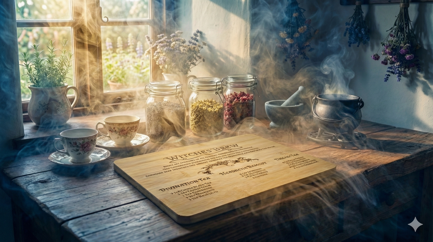 Witches Brew Engraved Bamboo Board | Herbal Tea Recipe Chart & Kitchen Decor