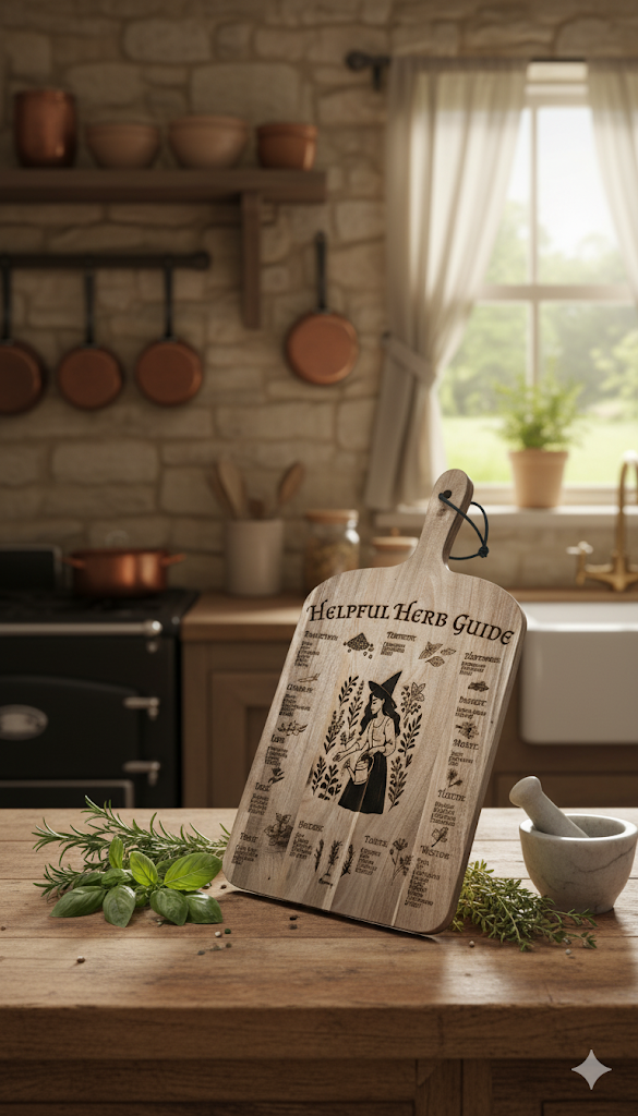 Herb guide engraved acacia wood chopping board