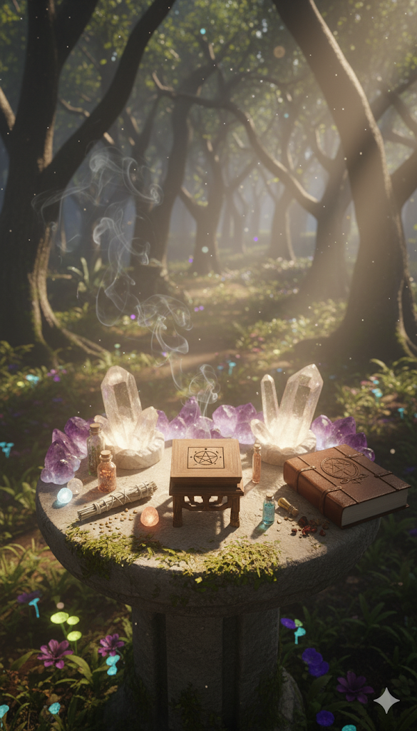 Pentagram & Triple Moon Wooden Crystal Altar - Charging Altar & Spiritual Display Stand