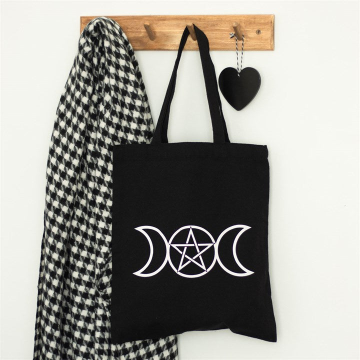 Triple Moon Pentagram Cotton Tote Bag – Black 40cm