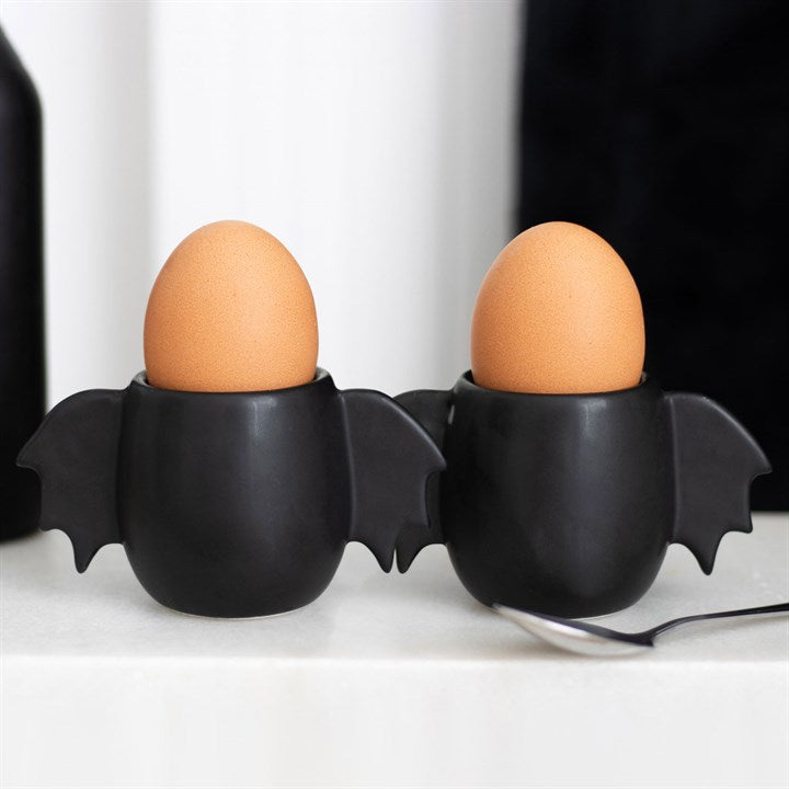Bat Wing Black Egg Cups (Pair) - Spooky Gothic Breakfast Serveware