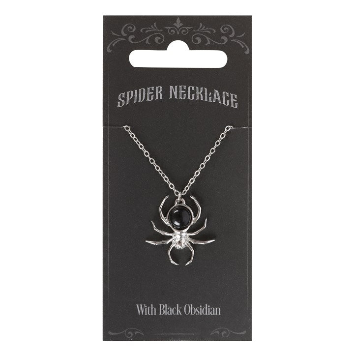 Elegant Black Obsidian Spider Necklace - Eerie Stainless Steel Dangle