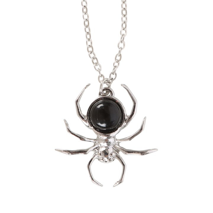 Elegant Black Obsidian Spider Necklace - Eerie Stainless Steel Dangle