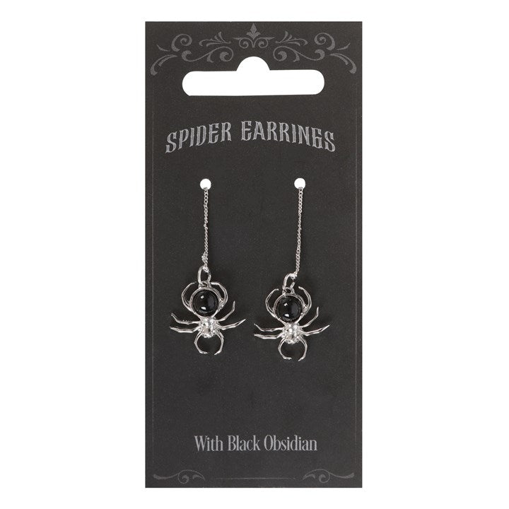Elegant Black Obsidian Spider Earrings - Eerie Stainless Steel Dangles