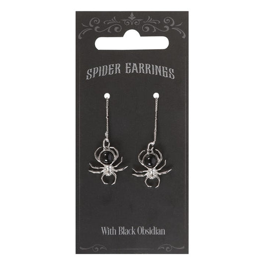 Elegant Black Obsidian Spider Earrings - Eerie Stainless Steel Dangles