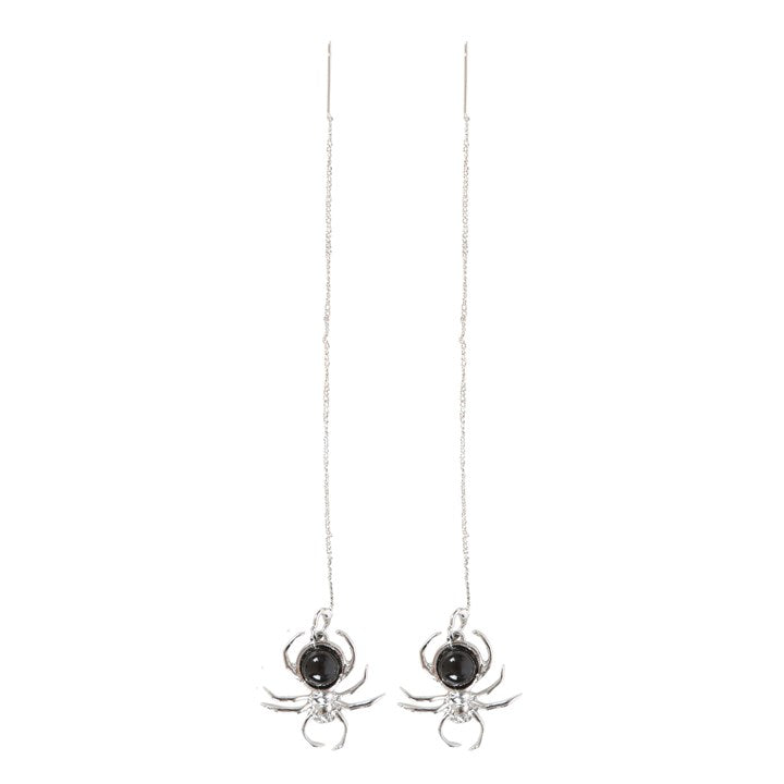Elegant Black Obsidian Spider Earrings - Eerie Stainless Steel Dangles