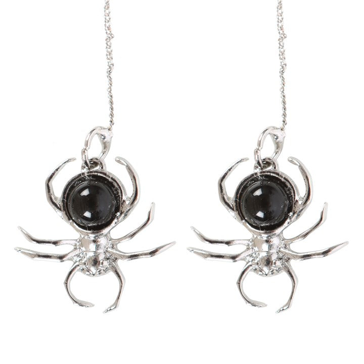 Elegant Black Obsidian Spider Earrings - Eerie Stainless Steel Dangles
