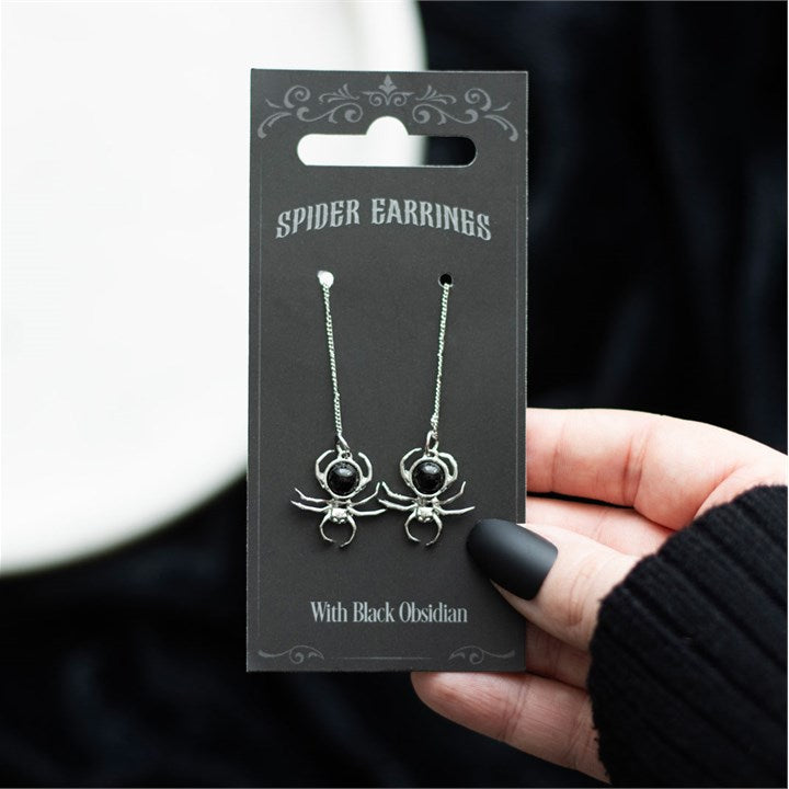 Elegant Black Obsidian Spider Earrings - Eerie Stainless Steel Dangles