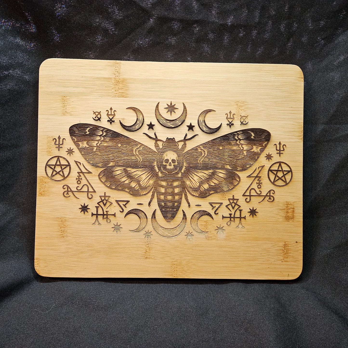 Death’s Head Moth & Moon Phases Bamboo Board | Altar & Kitchen Tool