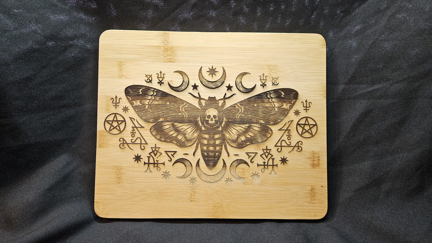 Death’s Head Moth & Moon Phases Bamboo Board | Altar & Kitchen Tool