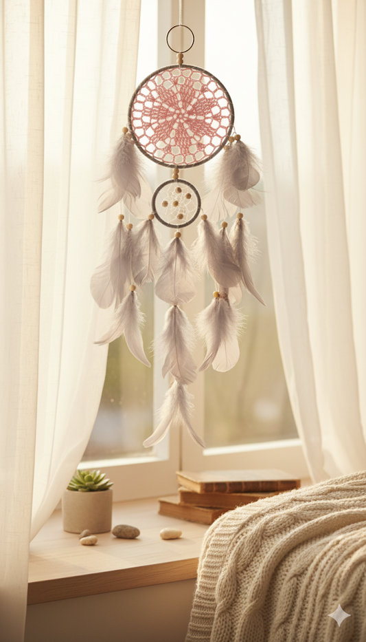 Pink Crochet & Grey Feather Dreamcatcher – Handmade Boho Wall Hanging