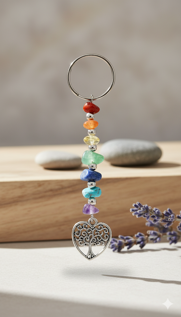 Chakra Healing Tree of Life Keychain | 7 Gemstone Crystal Pendant Keyring