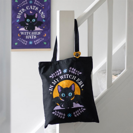 in my witch era tote bag bat cat design polycotton uk