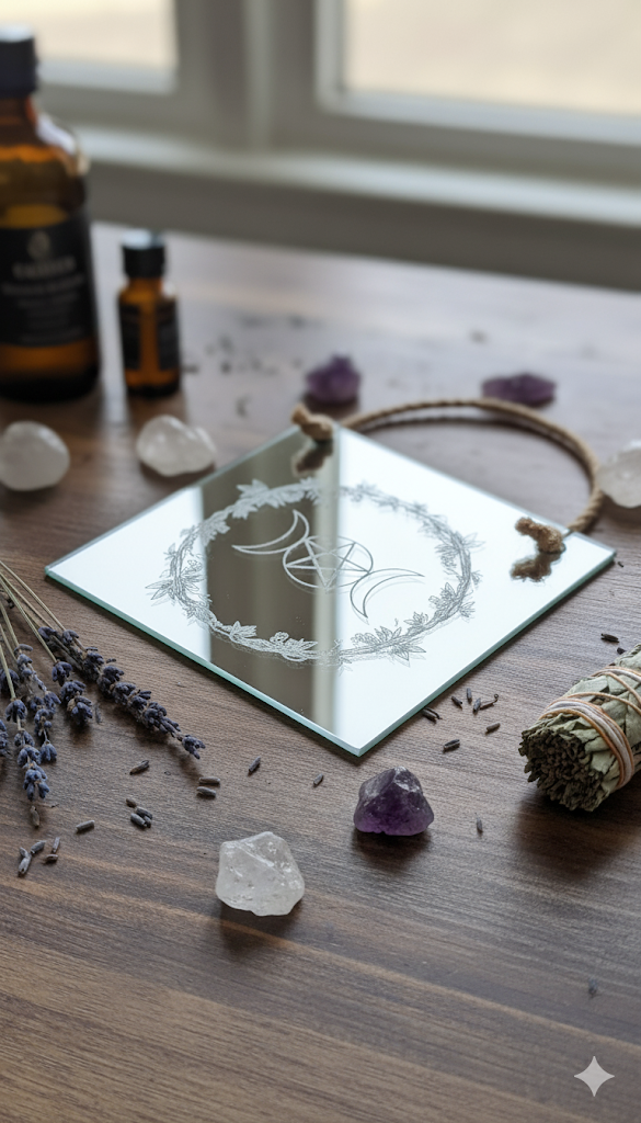 Triple Moon Goddess Scrying Mirror | Engraved Altar Wall Art & Pagan Decor