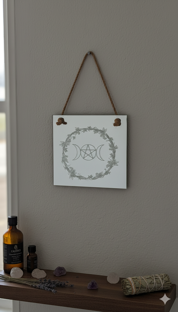 Triple Moon Goddess Scrying Mirror | Engraved Altar Wall Art & Pagan Decor