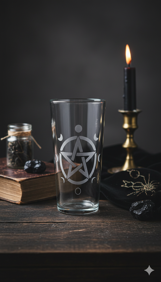 Witchy Pentagram Glass Tumbler (300ml) | Celestial Moon Phase Drinking Glass