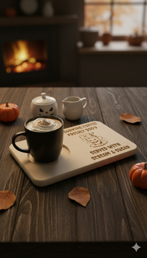 "Mourning Coffee, Freshly Boo'd" Halloween Wooden Coffee Tray - Spooky Serveware!