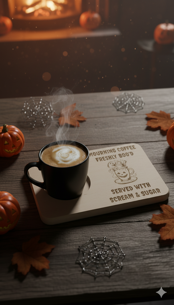 "Mourning Coffee, Freshly Boo'd" Halloween Wooden Coffee Tray - Spooky Serveware!