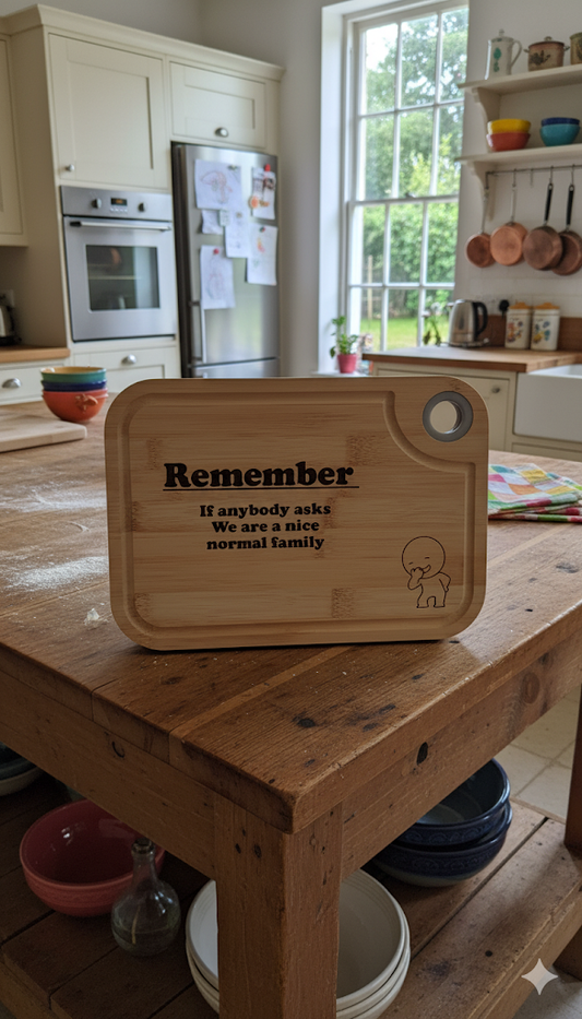 "Remember We Are a Nice Normal Family" Funny Engraved Bamboo Cutting Board
