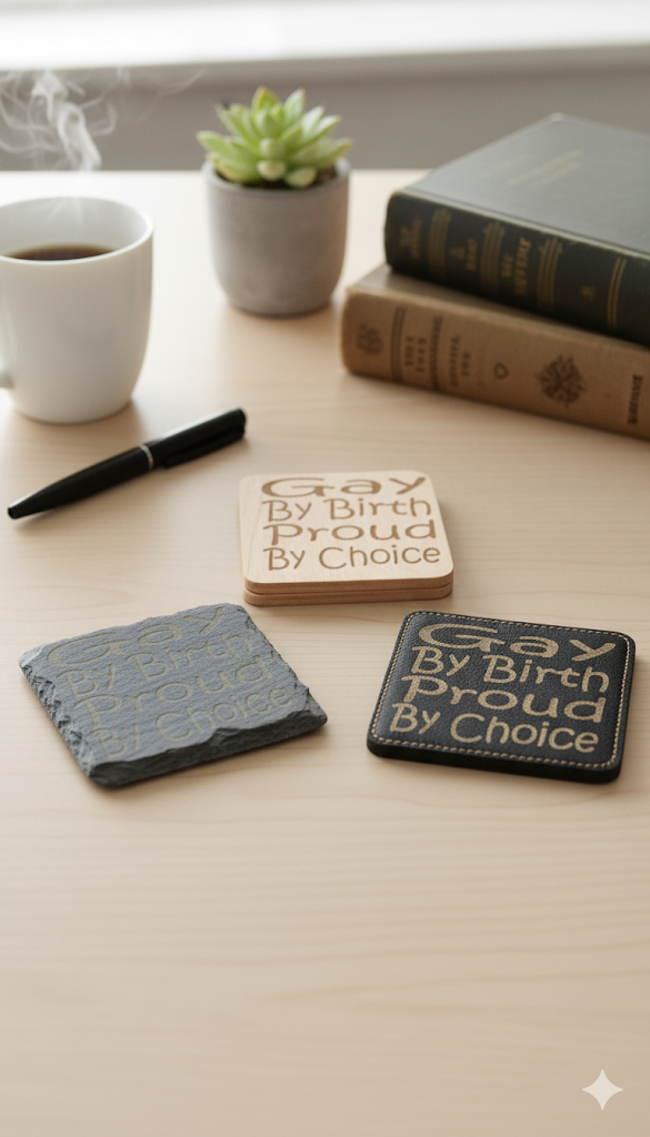 "Gay By Birth, Proud By Choice" Coaster - Celebrate with Pride (Available in Slate, Beech Wood, and Leather)